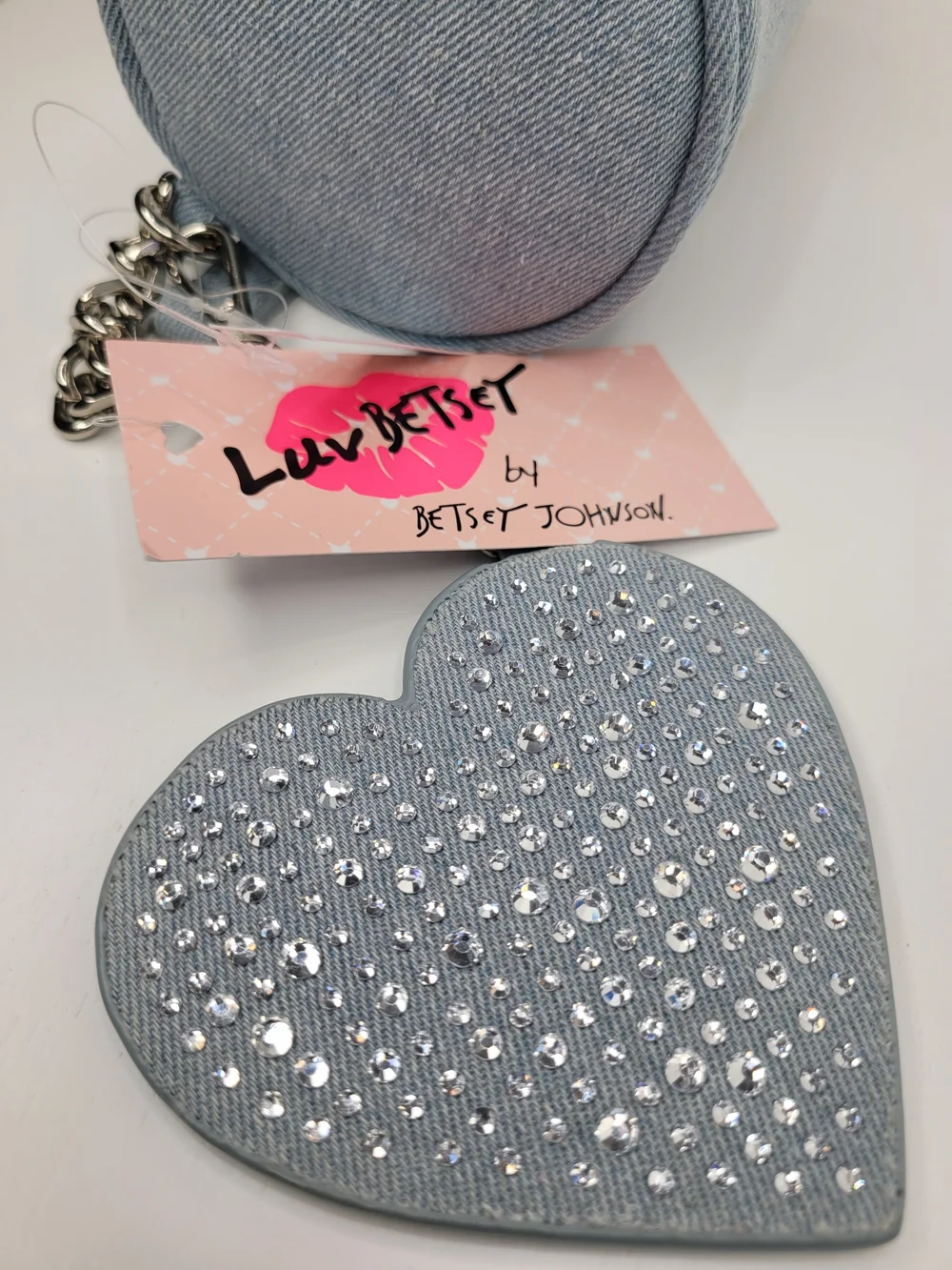 👉✨️ Betsey Johnson Light Blue Denim Studded Barrel Shoulder Bag